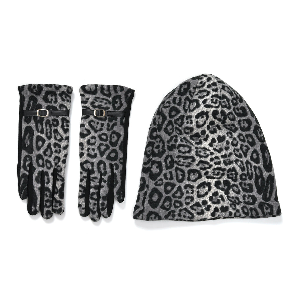 Leopard Print Benie Hat and Gloves Set - Black_7850634