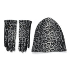 Leopard Print Benie Hat and Gloves Set - Black_7850634