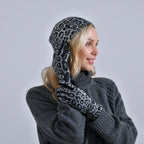 Leopard Print Benie Hat and Gloves Set - Black_7850634_2