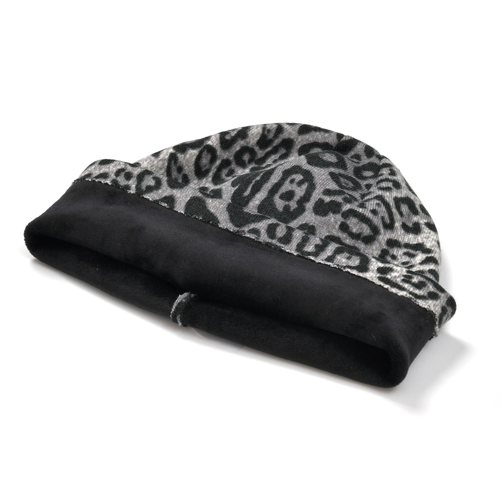 Leopard Print Benie Hat and Gloves Set - Black_7850634_4