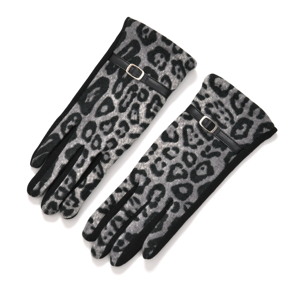 Leopard Print Benie Hat and Gloves Set - Black_7850634_5