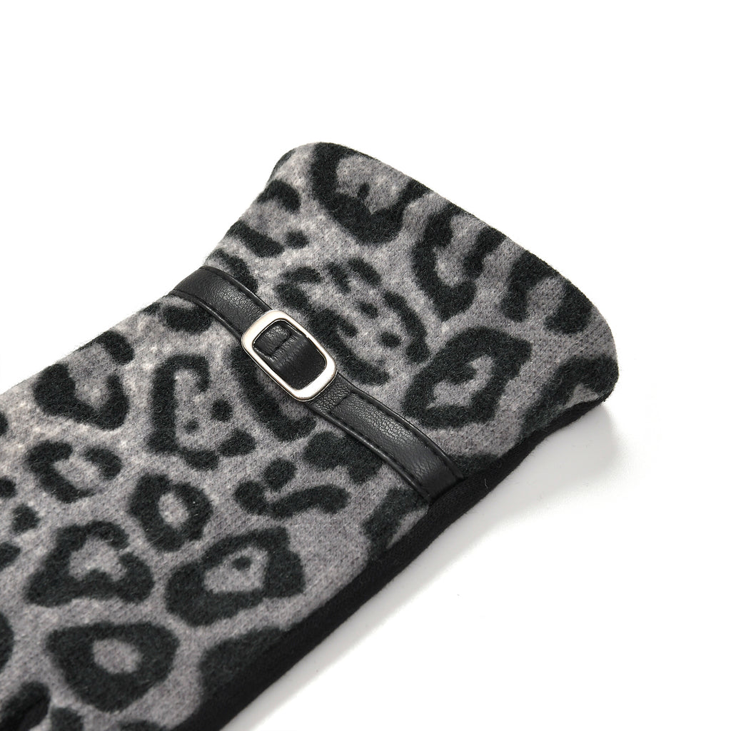Leopard Print Benie Hat and Gloves Set - Black_7850634_7