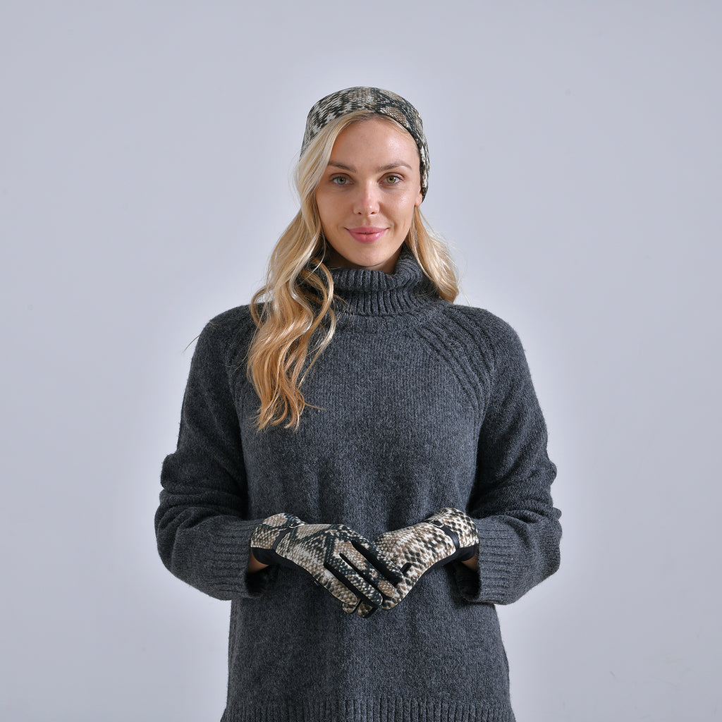 Snake Skin Print Benie Hat and Gloves Set - Brown_7850639_1