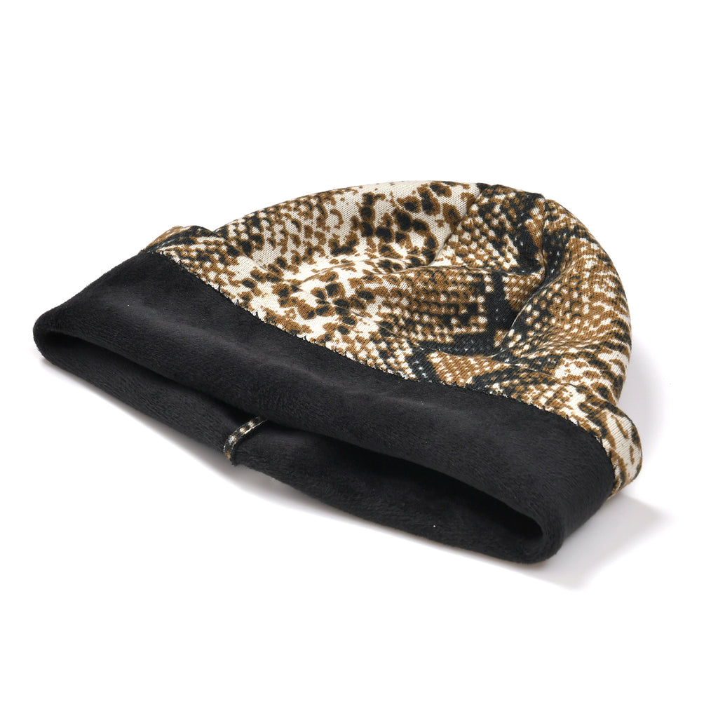 Snake Skin Print Benie Hat and Gloves Set - Brown_7850639_4