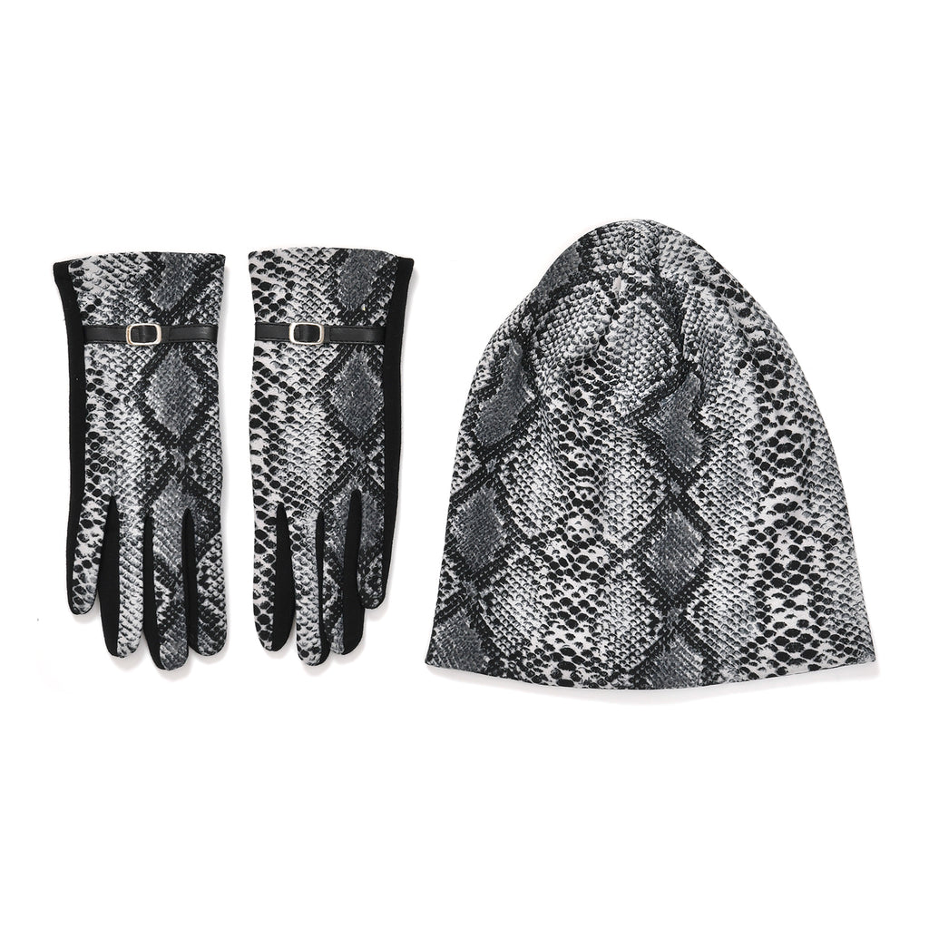 Snake Skin Print Benie Hat and Gloves Set - Grey_7850657