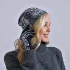 Snake Skin Print Benie Hat and Gloves Set - Grey_7850657_2