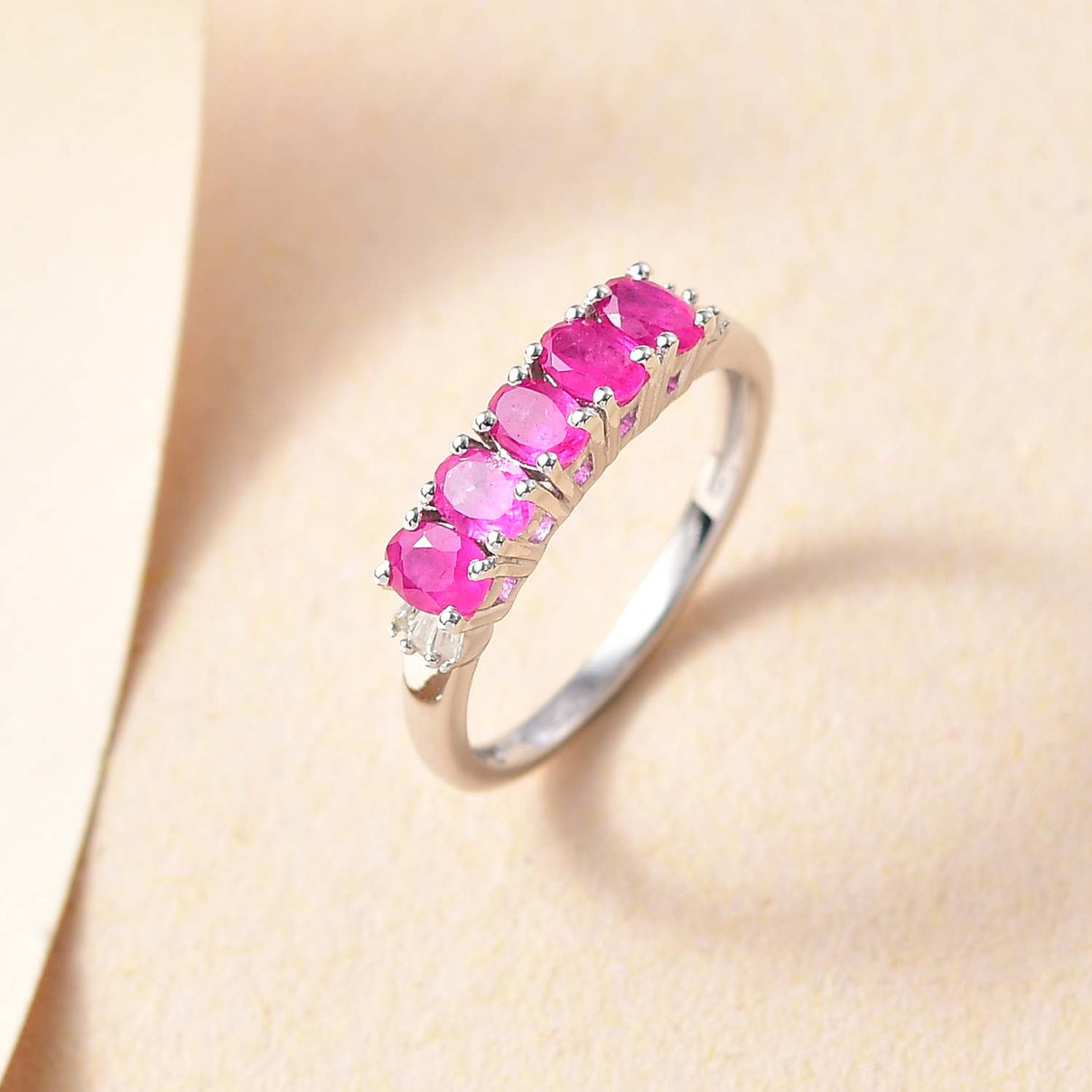 Gemfields Montepuez Ruby &amp; White Diamond 5 Stone Ring in Rhodium Overlay Sterling Silver 1.09 Ct. V32370832 1