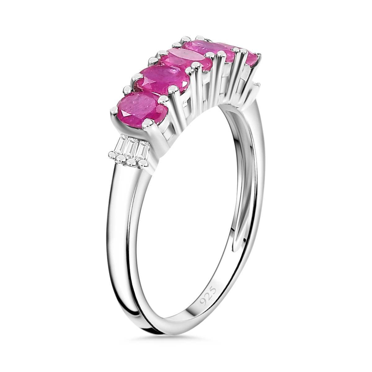 Gemfields Montepuez Ruby &amp; White Diamond 5 Stone Ring in Rhodium Overlay Sterling Silver 1.09 Ct. V32370832 3