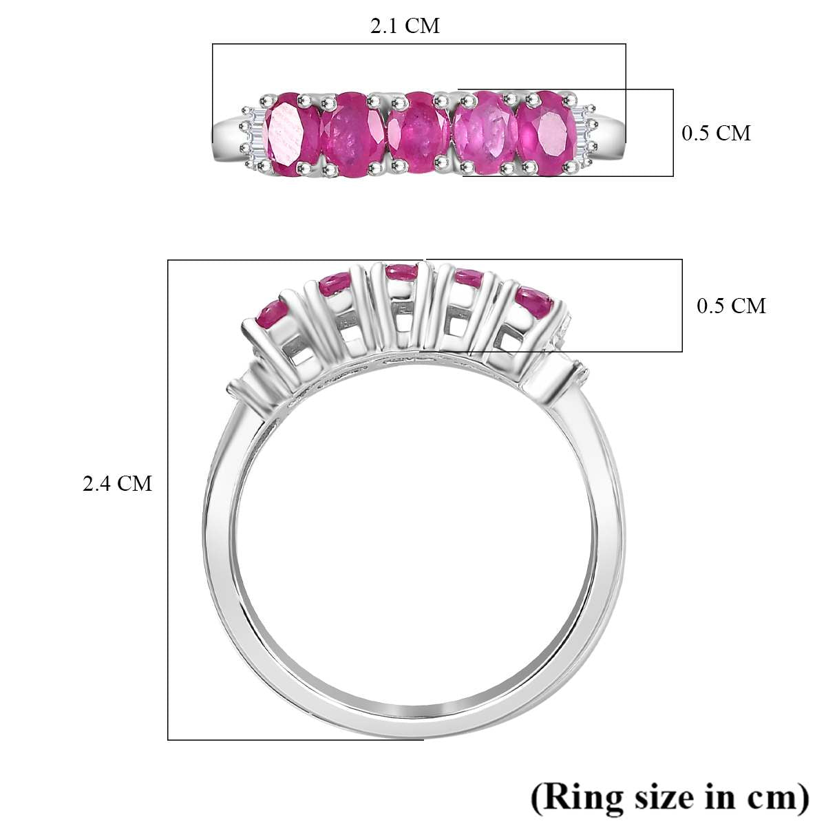 Gemfields Montepuez Ruby &amp; White Diamond 5 Stone Ring in Rhodium Overlay Sterling Silver 1.09 Ct. V32370832 5