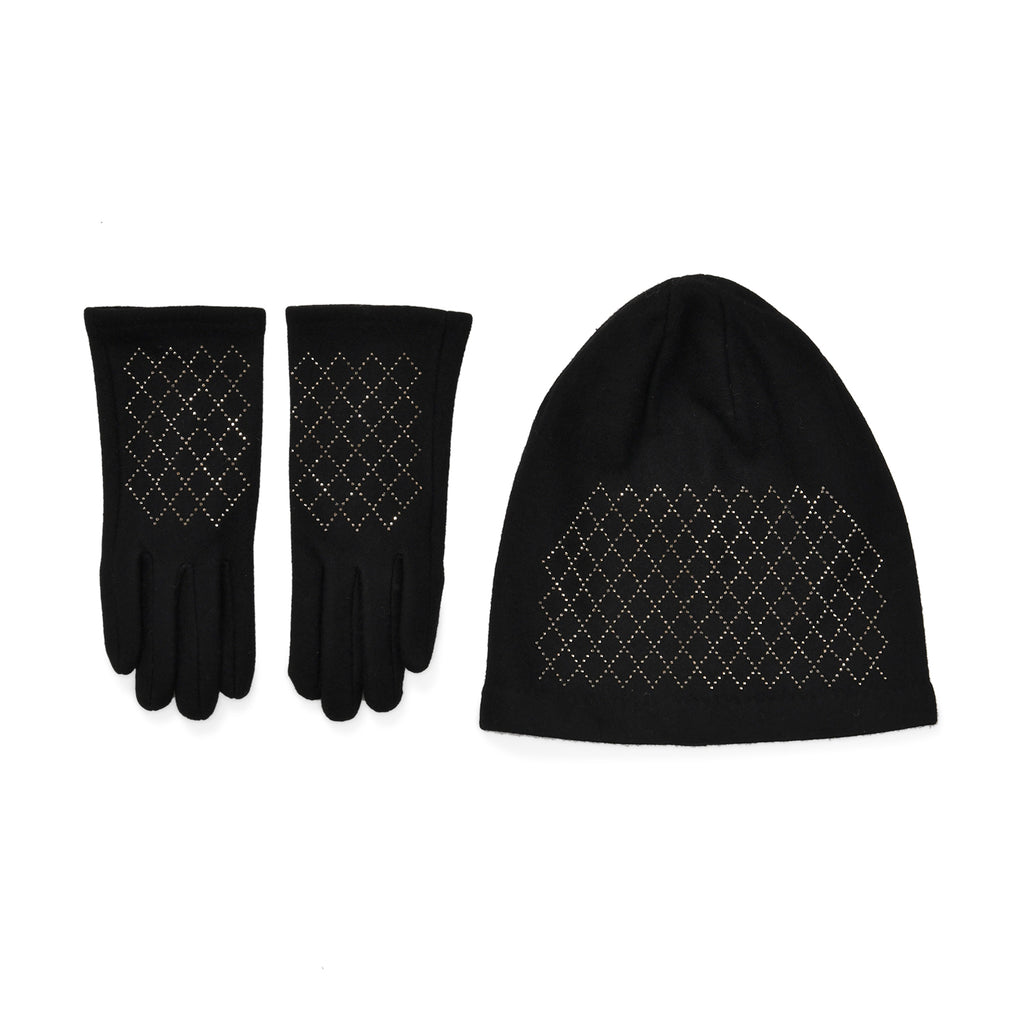 Closeout Deal - 2 Piece Set - Cashmere Diamond Pattern Hat & Gloves - Black_7851189