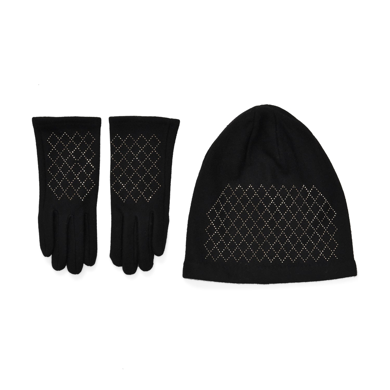 Closeout Deal - 2 Piece Set - Cashmere Diamond Pattern Hat &amp; Gloves - Black V32512814 0