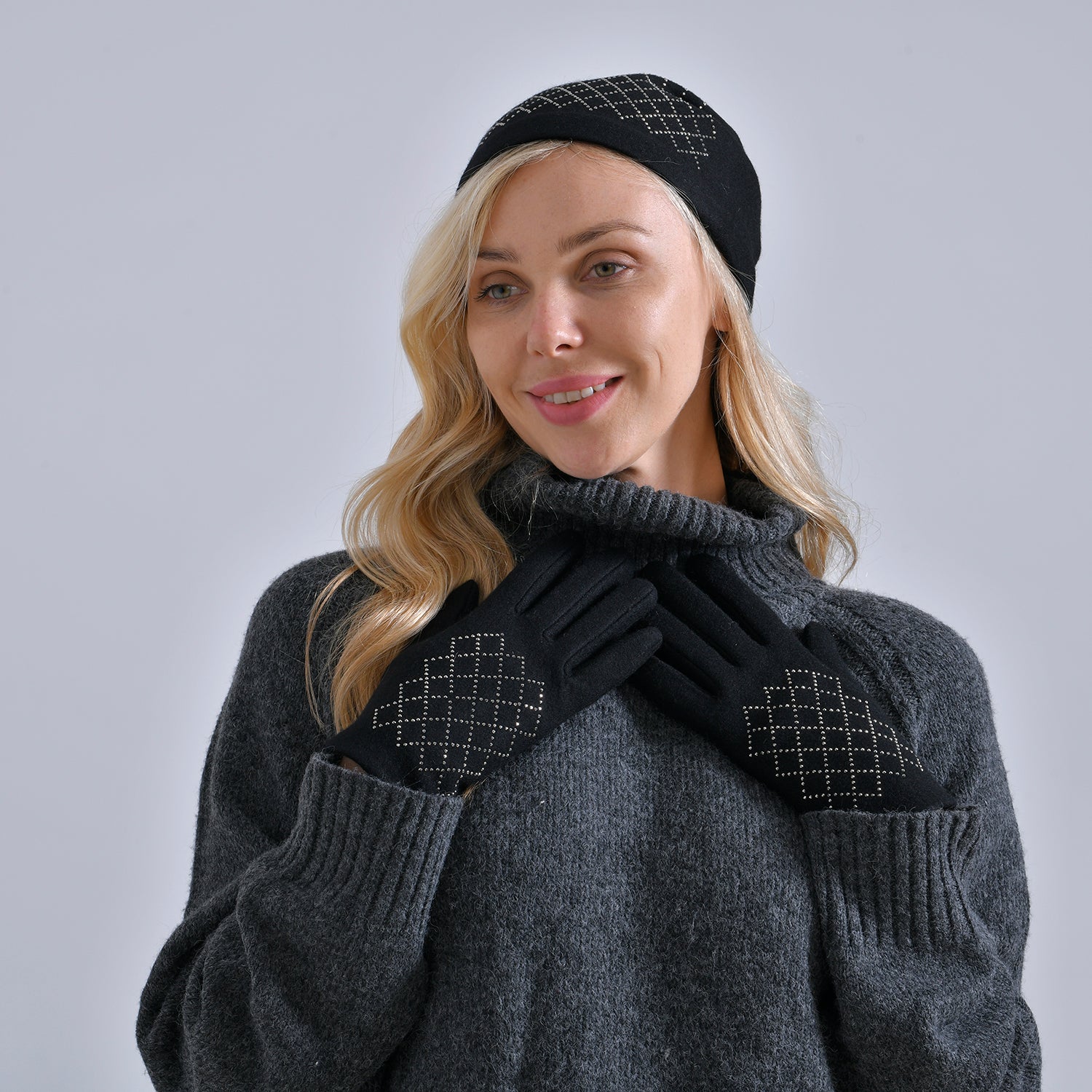Closeout Deal - 2 Piece Set - Cashmere Diamond Pattern Hat &amp; Gloves - Black V32512814 2