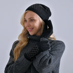 Closeout Deal - 2 Piece Set - Cashmere Diamond Pattern Hat & Gloves - Black_7851189_2