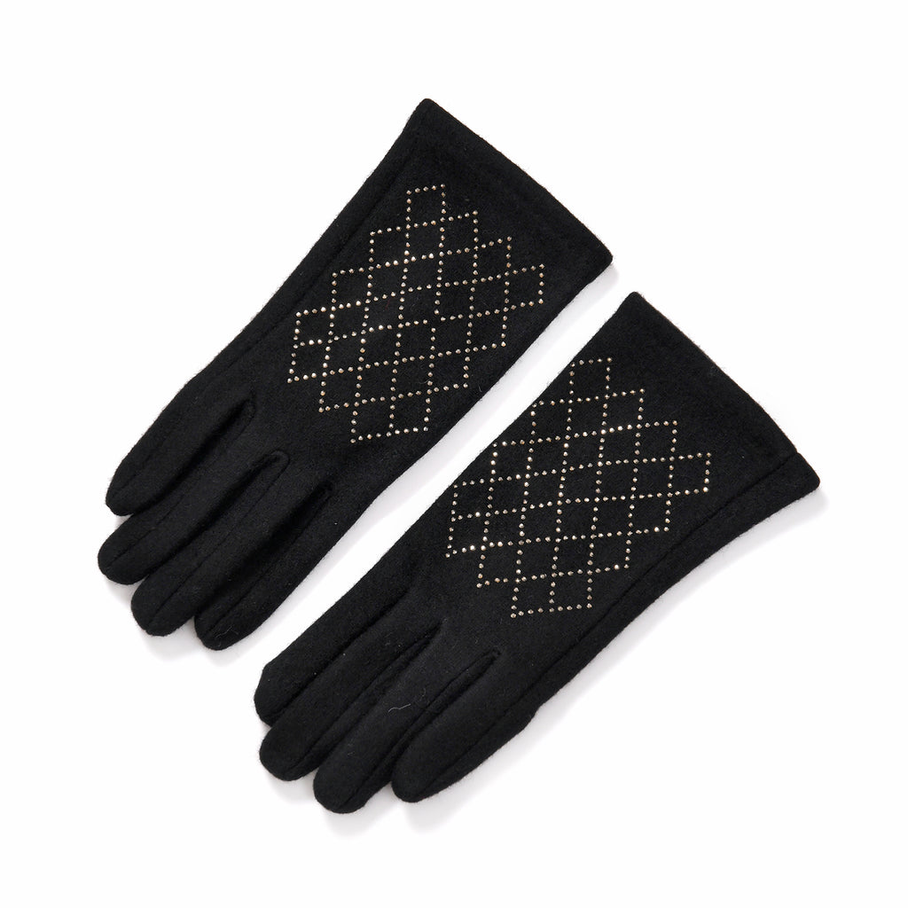 Closeout Deal - 2 Piece Set - Cashmere Diamond Pattern Hat & Gloves - Black_7851189_5