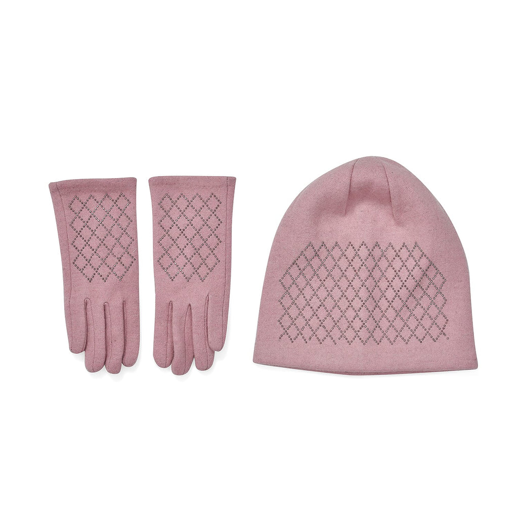 Closeout Deal - 2 Piece Set - Cashmere Diamond Pattern Hat and Gloves - Pink_7851192
