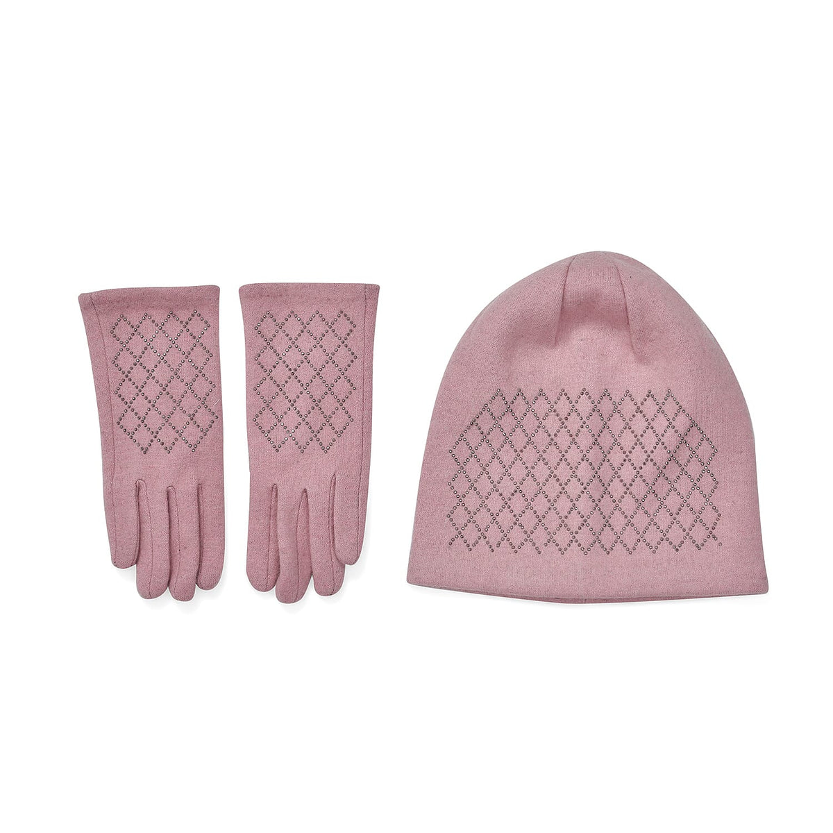 Closeout Deal - 2 Piece Set - Cashmere Diamond Pattern Hat and Gloves - Pink V32513339 0