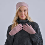 Closeout Deal - 2 Piece Set - Cashmere Diamond Pattern Hat and Gloves - Pink_7851192_11