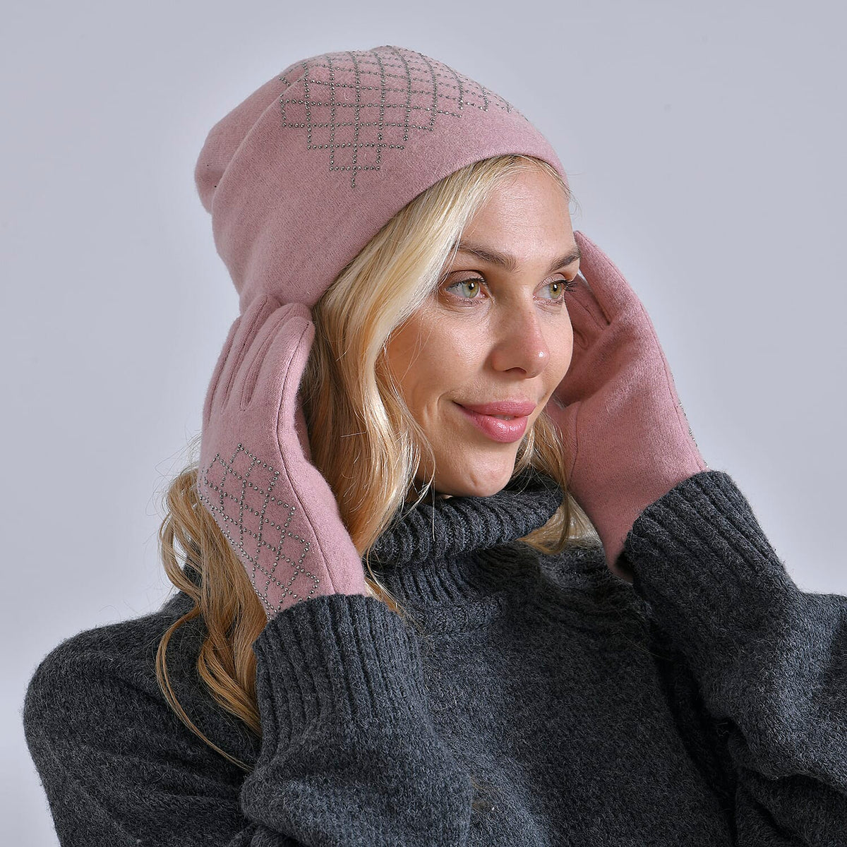 Closeout Deal - 2 Piece Set - Cashmere Diamond Pattern Hat and Gloves - Pink V32513339 4