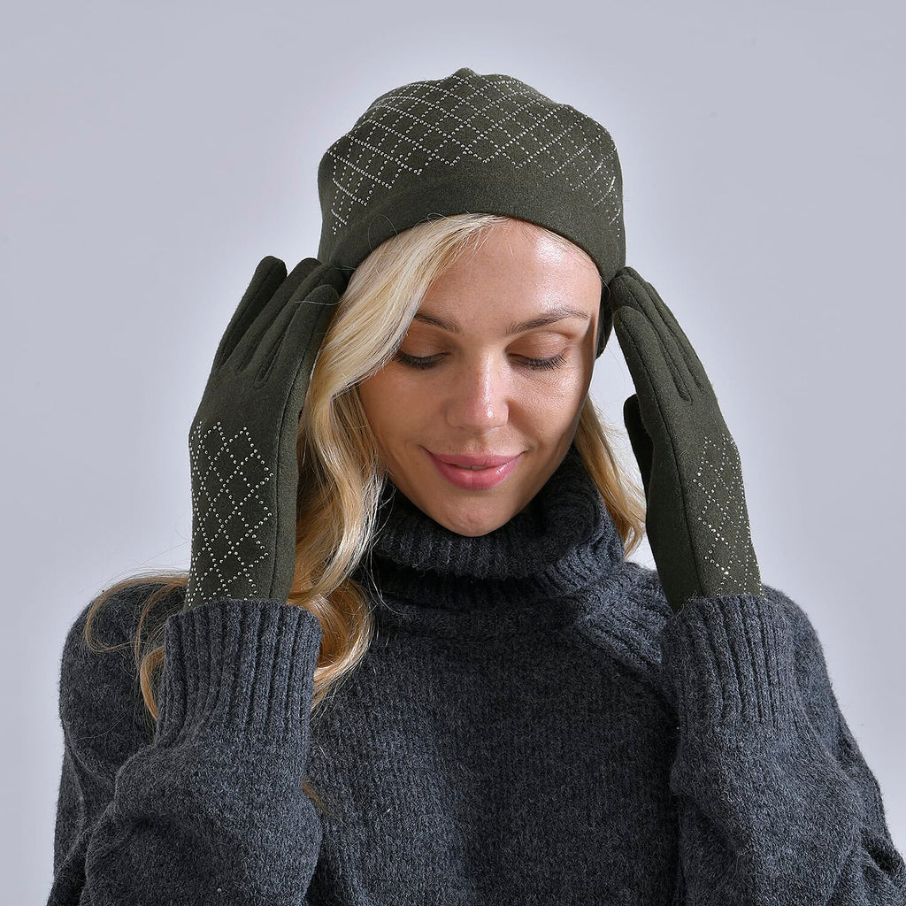 Closeout Deal - 2 Piece Set - Cashmere Diamond Pattern Hat and Gloves - Dark Green_7851196_11