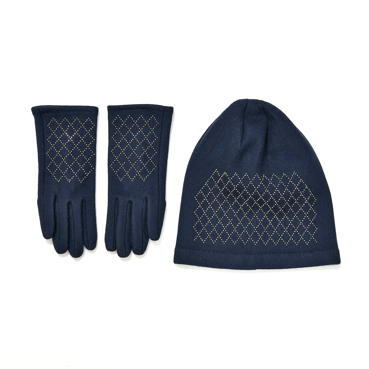 Closeout Deal - 2 Piece Set - Cashmere Diamond Pattern Hat and Gloves - Navy V32513583 0