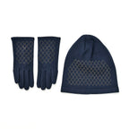 Closeout Deal - 2 Piece Set - Cashmere Diamond Pattern Hat and Gloves - Navy_7851198