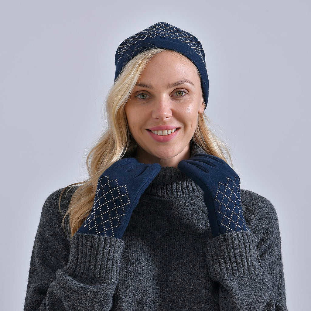 Closeout Deal - 2 Piece Set - Cashmere Diamond Pattern Hat and Gloves - Navy_7851198_11