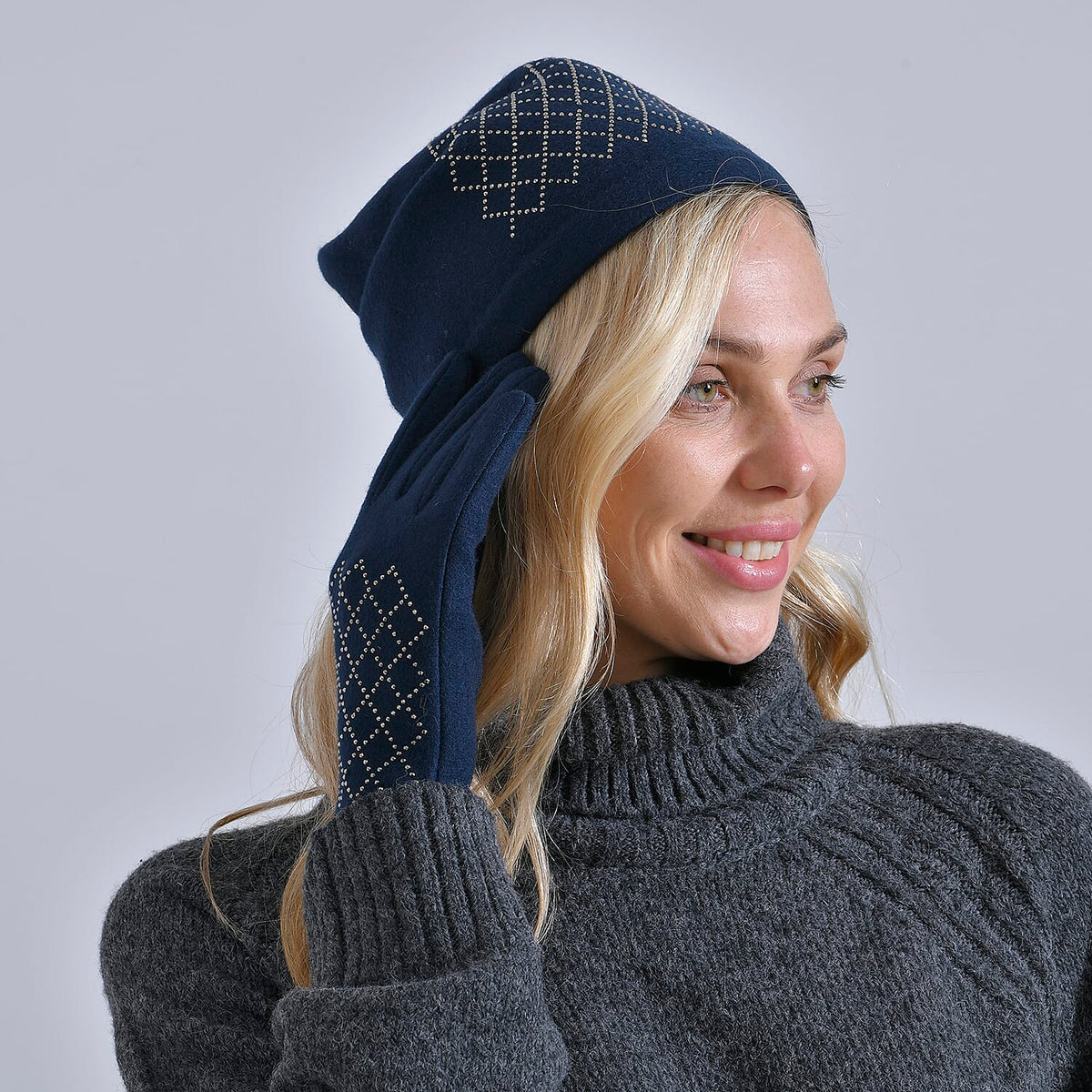 Closeout Deal - 2 Piece Set - Cashmere Diamond Pattern Hat and Gloves - Navy V32513583 4