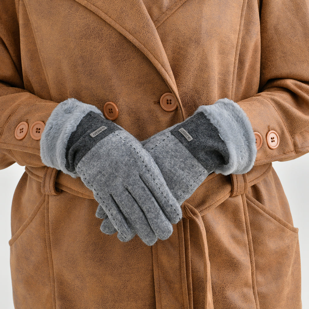 Luxury Cashmere Wool Gloves With Detailing and Fleece Lining - Grey_7851236_2