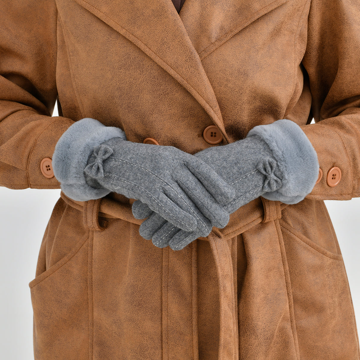 Cashmere-Blend Winter Gloves with Faux Fur Trim and Bow Detail - Touchscreen Friendly V32515394 3