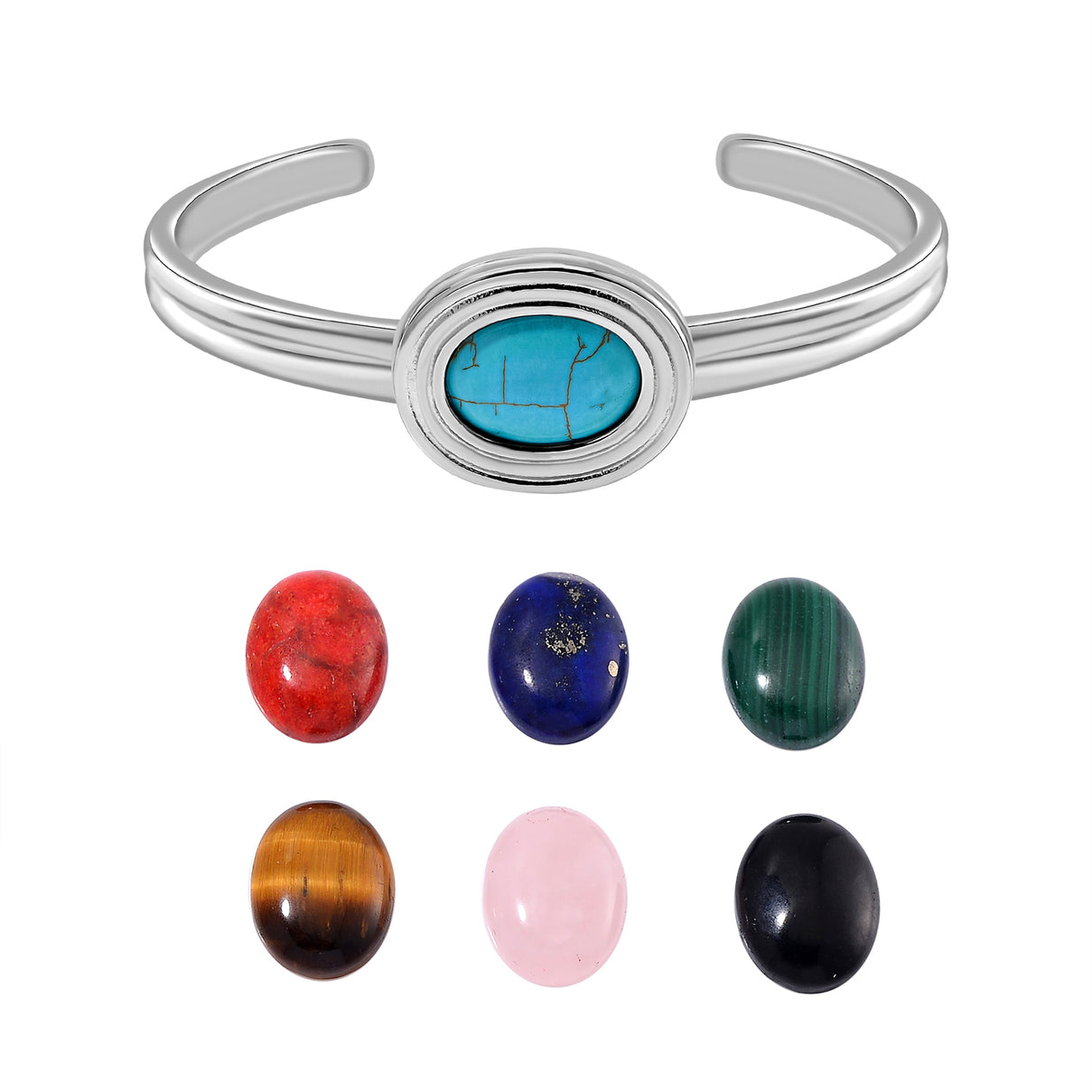 One Time Closeout Deal -  Cuff Bangle with 7 Interchangeable Gemstones - Lapis, Coral, Malachite, Tiger Eye, Howlite, Shungite and Rose quartz V32520875 0