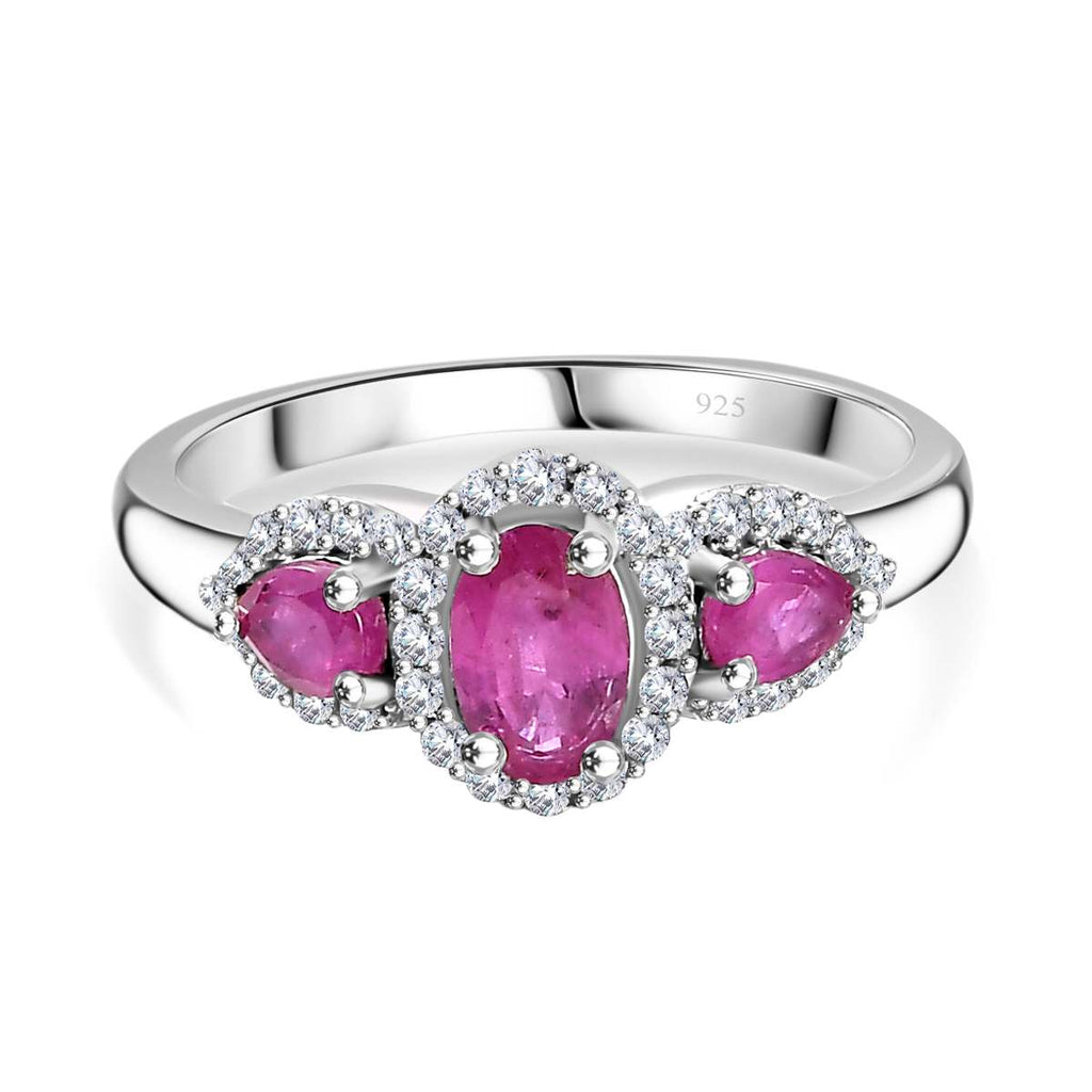 Gemfields Montepuez Ruby ,  White Zircon  Main Stone With Side Stone Ring in rhodium Sterling Silver 1.78 ct_7853816