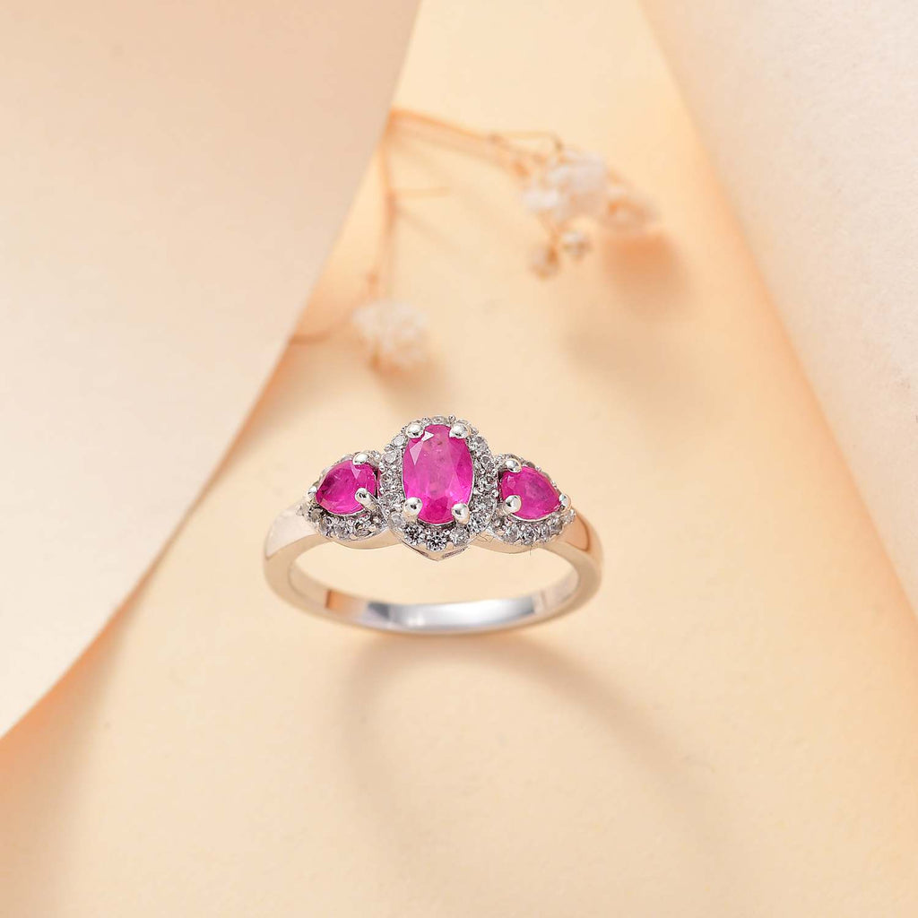 Gemfields Montepuez Ruby ,  White Zircon  Main Stone With Side Stone Ring in rhodium Sterling Silver 1.78 ct_7853816_1