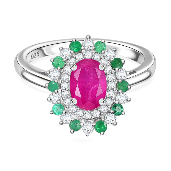 Gemfields Montepuez Ruby, Emerald, Moissanite Halo Ring in Rhodium Overlay Sterling Silver 1.85 ct 7853831 1
