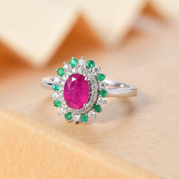Gemfields Montepuez Ruby, Emerald, Moissanite Halo Ring in Rhodium Overlay Sterling Silver 1.85 ct 7853831 2