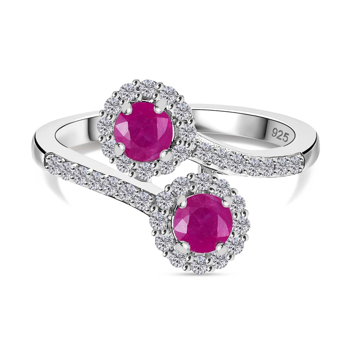 Gemfields Montepuez Ruby, White Zircon Bypass Ring in Rhodium Overlay Sterling Silver 7854250 0