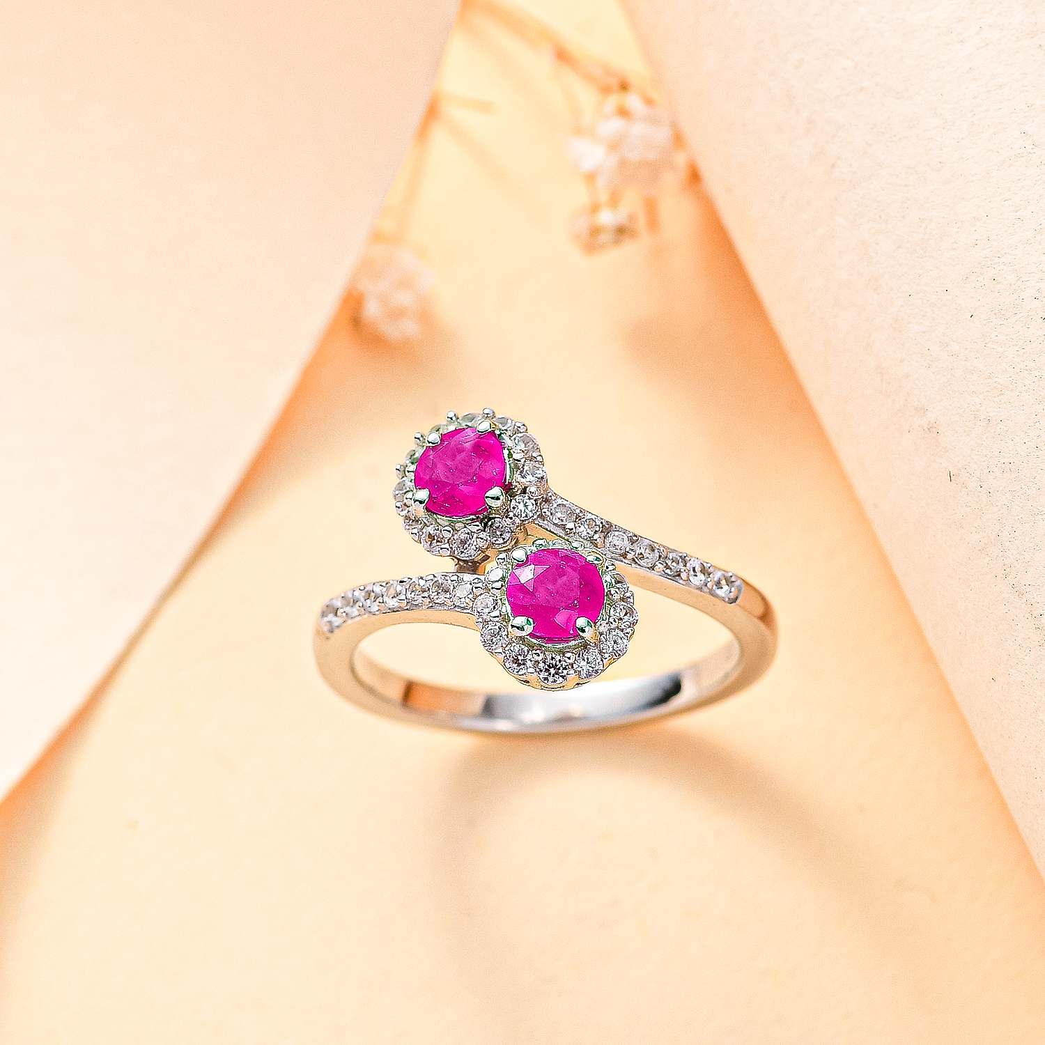 Gemfields Montepuez Ruby, White Zircon Bypass Ring in Rhodium Overlay Sterling Silver 7854250 1