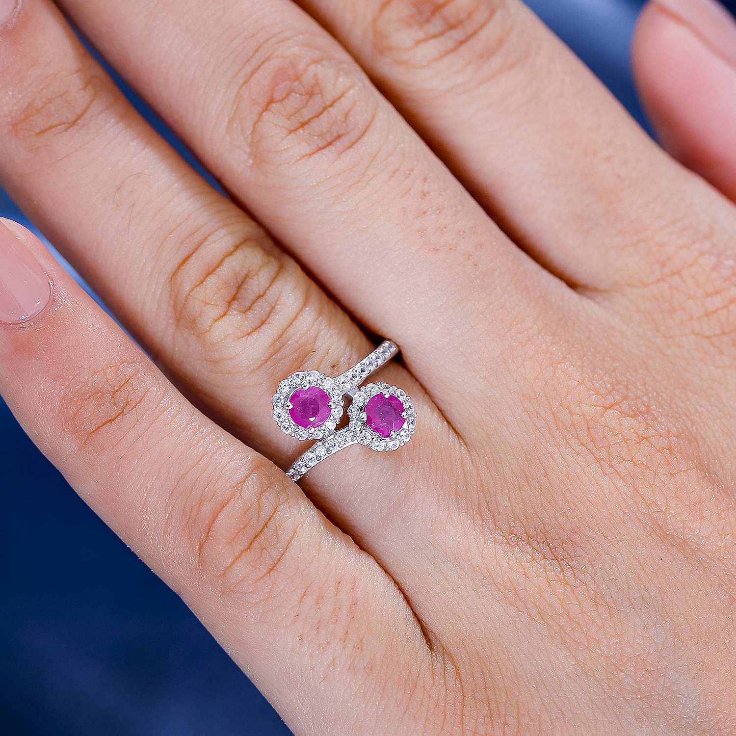 Gemfields Montepuez Ruby, White Zircon Bypass Ring in Rhodium Overlay Sterling Silver 7854250 2