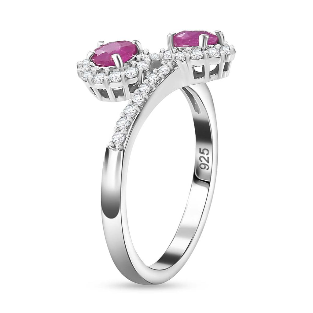 Gemfields Montepuez Ruby ,  White Zircon  Bypass Ring in rhodium Sterling Silver 1.44 ct_7854250_3