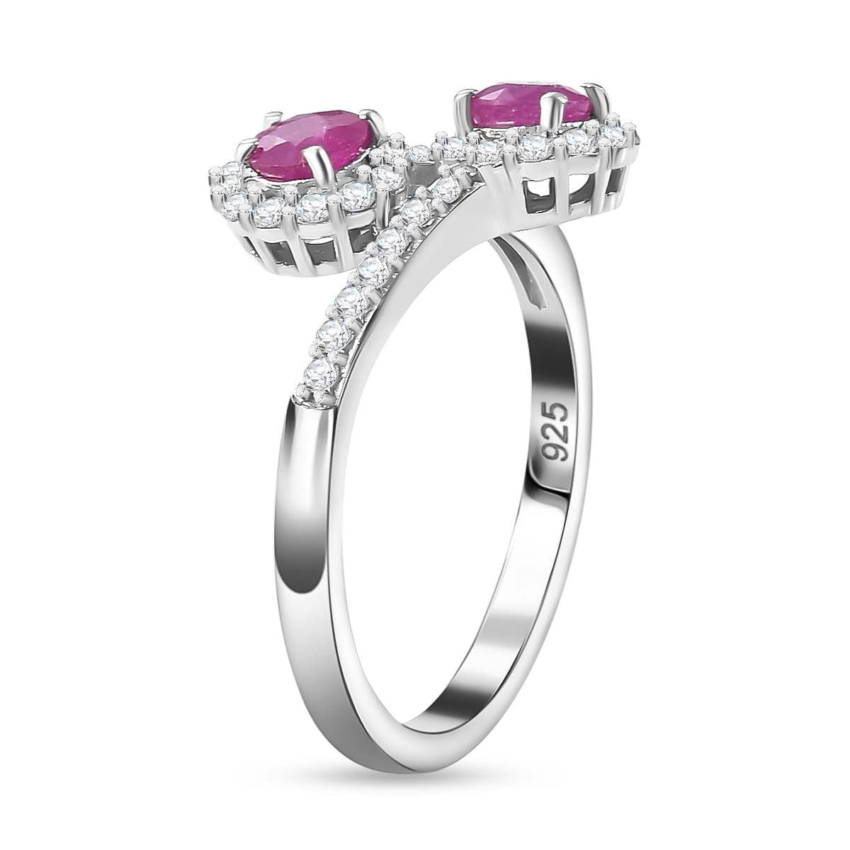 Gemfields Montepuez Ruby, White Zircon Bypass Ring in Rhodium Overlay Sterling Silver 7854250 3