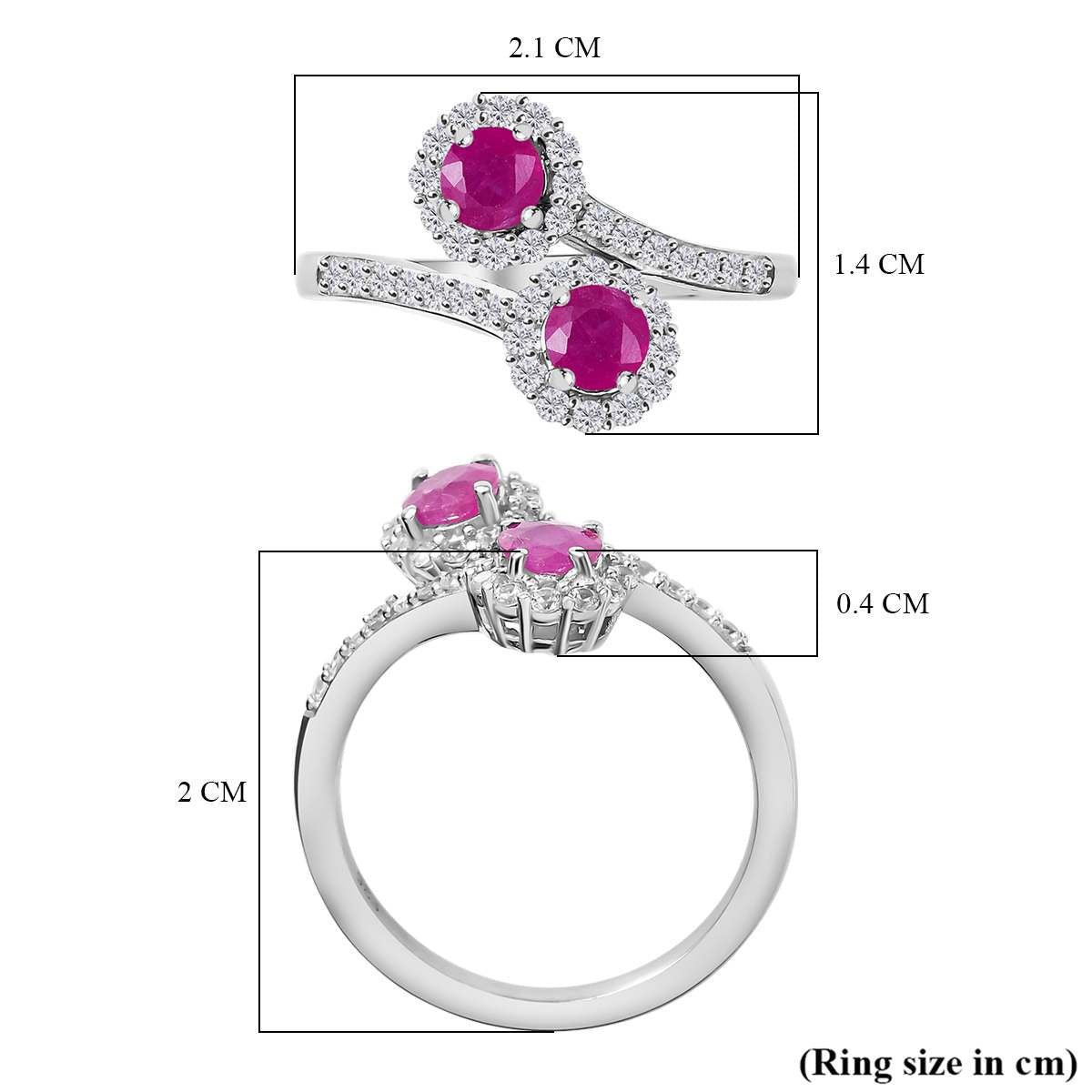 Gemfields Montepuez Ruby, White Zircon Bypass Ring in Rhodium Overlay Sterling Silver 7854250 5