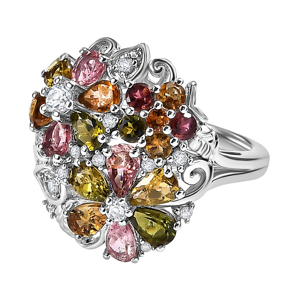 Multi-Tourmaline,White Zircon Cluster Ring in Rhodium Sterling Silver 2.930  Ct._7854450