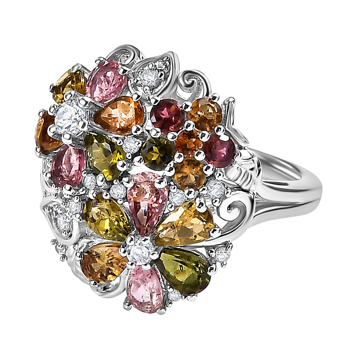 Multi-Tourmaline, White Zircon Floral Ring in Rhodium Overlay Sterling Silver 2.91 ct. V32521517 0