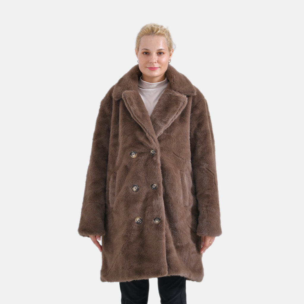 La Marey Plush Button-up Faux Fur Coat (L-XL, 16-22) - Brown_7854677_3