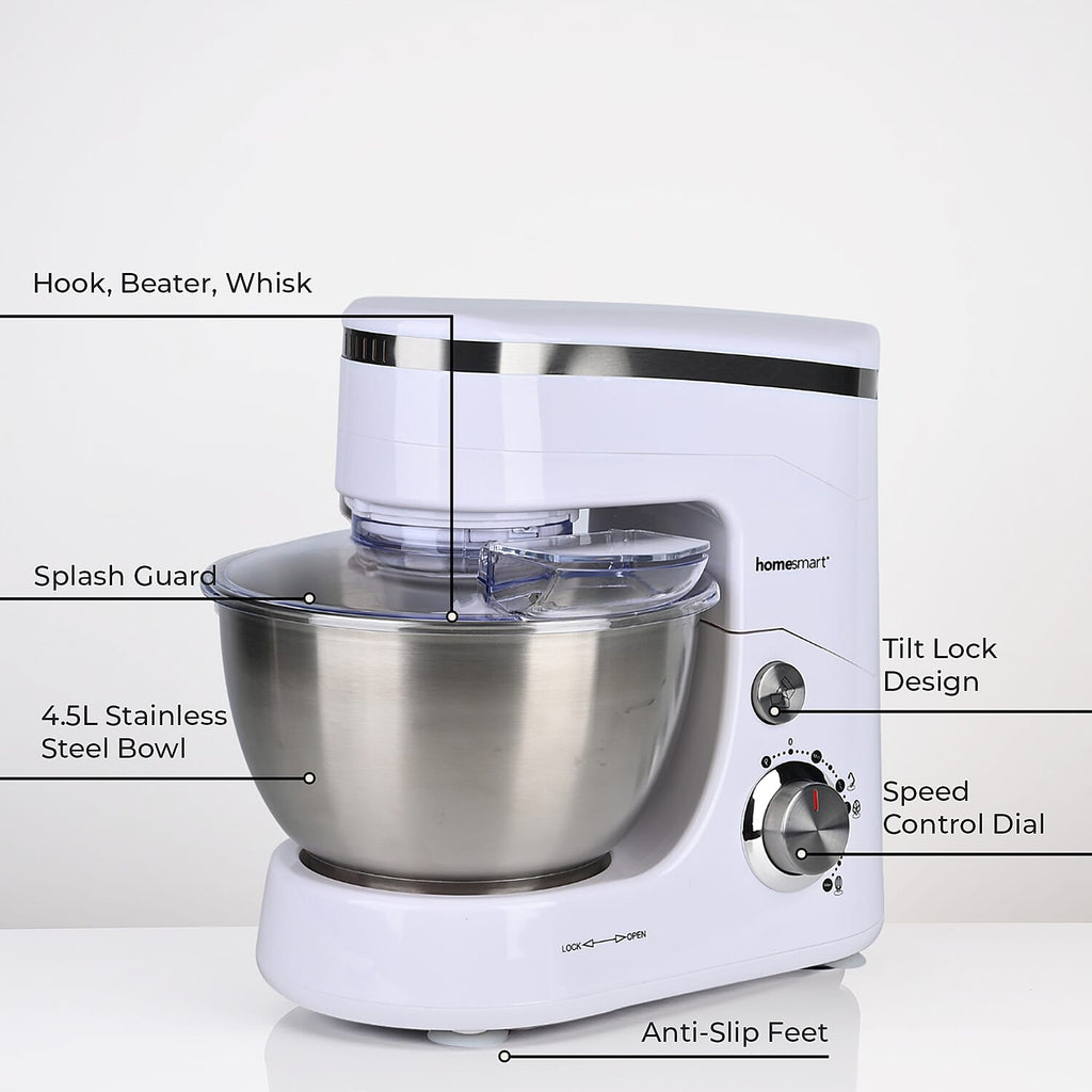 Multifunctional Electric Stand Mixer with 3 Attachments (4.5L stainless steel bowl , Power 800W) - White