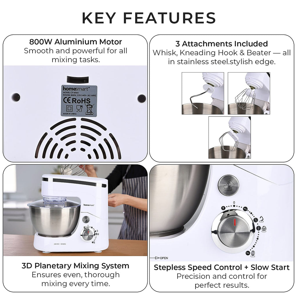 Multifunctional Electric Stand Mixer with 3 Attachments (4.5L stainless steel bowl , Power 800W) - White