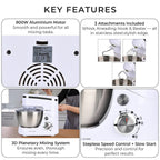 Multifunctional Electric Stand Mixer with 3 Attachments (4.5L stainless steel bowl , Power 800W) - White