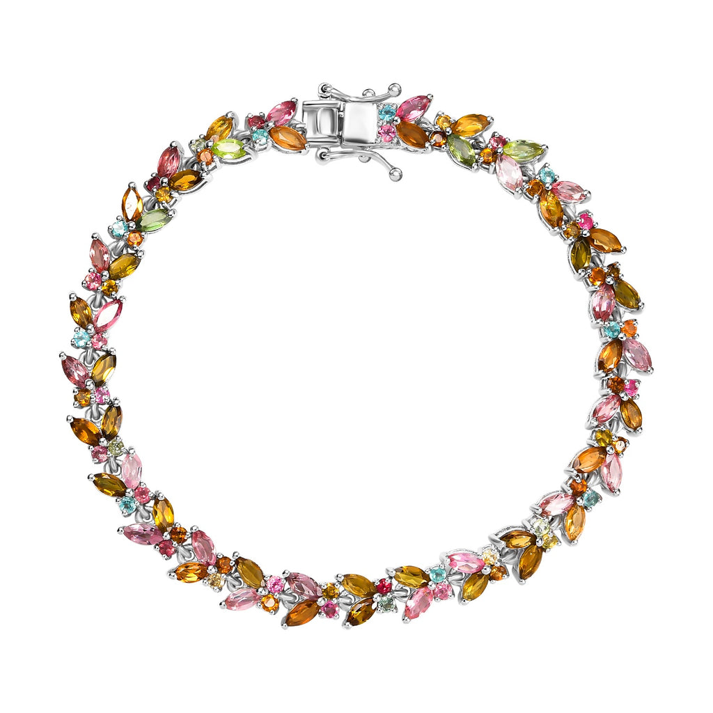 Multi -Tourmaline & Blue Tourmaline Leaf Vine Link Bracelet (Size - 7.5) with GB Lock Box in Rhodium Overlay Sterling Silver 9.70 Ct, Silver Wt. 12.37 Gms_7855273