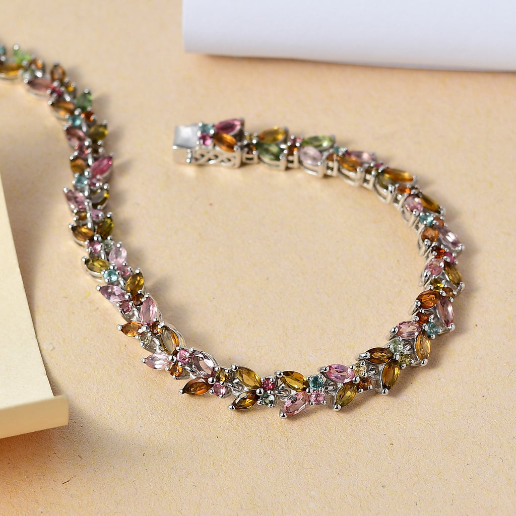 Multi -Tourmaline & Blue Tourmaline Leaf Vine Link Bracelet (Size - 7.5) with GB Lock Box in Rhodium Overlay Sterling Silver 9.70 Ct, Silver Wt. 12.37 Gms_7855273_1