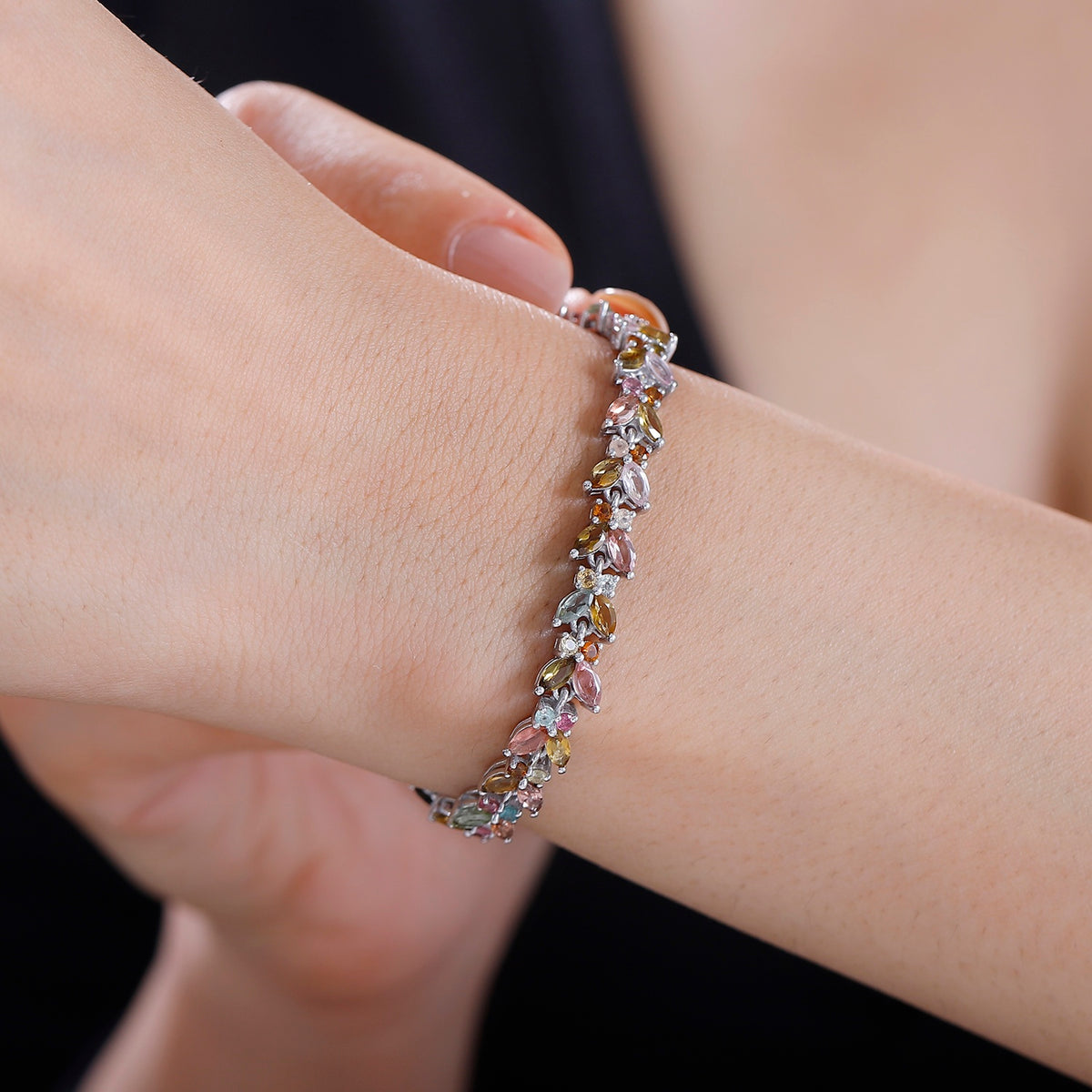 Multi -Tourmaline &amp; Blue Tourmaline Bracelet (Size - 7.5) with GB Lock Box in Rhodium Overlay Sterling Silver 7855273 3