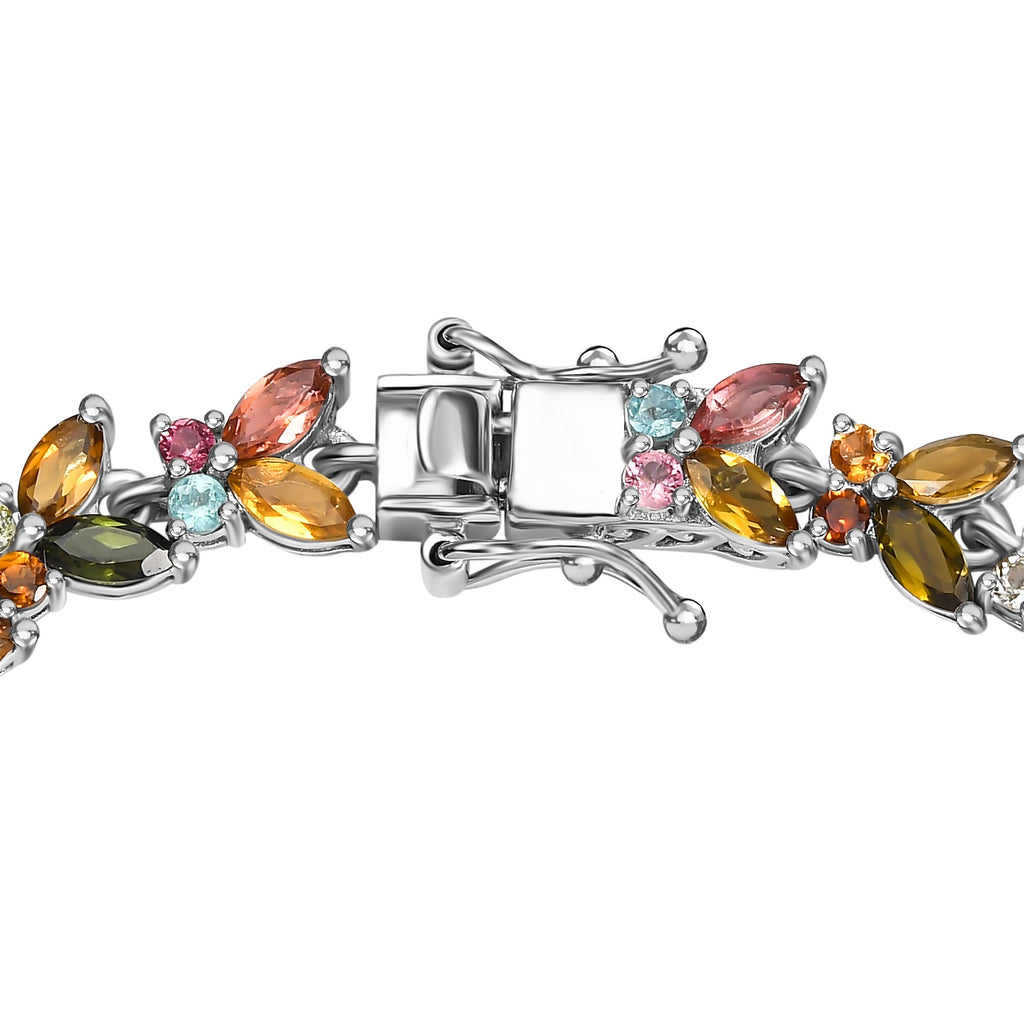 Multi -Tourmaline & Blue Tourmaline Leaf Vine Link Bracelet (Size - 7.5) with GB Lock Box in Rhodium Overlay Sterling Silver 9.70 Ct, Silver Wt. 12.37 Gms_7855273_3